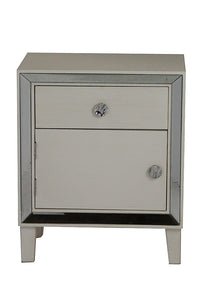 Antique White Wood Accent Cabinet with a Door, a Drawer and Clear Mirrored Glass