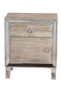 White Washed Wood Accent Cabinet with a Door, a Drawer and Clear Mirrored Glass