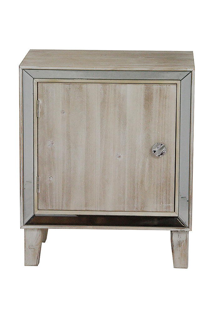 23.5" White Washed Wood Accent Cabinet with a Door and Antique Mirrored Glass