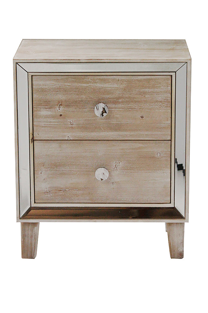 23.5" White Washed Wood Accent Cabinet with 2 Drawers and Antique Mirrored Glass