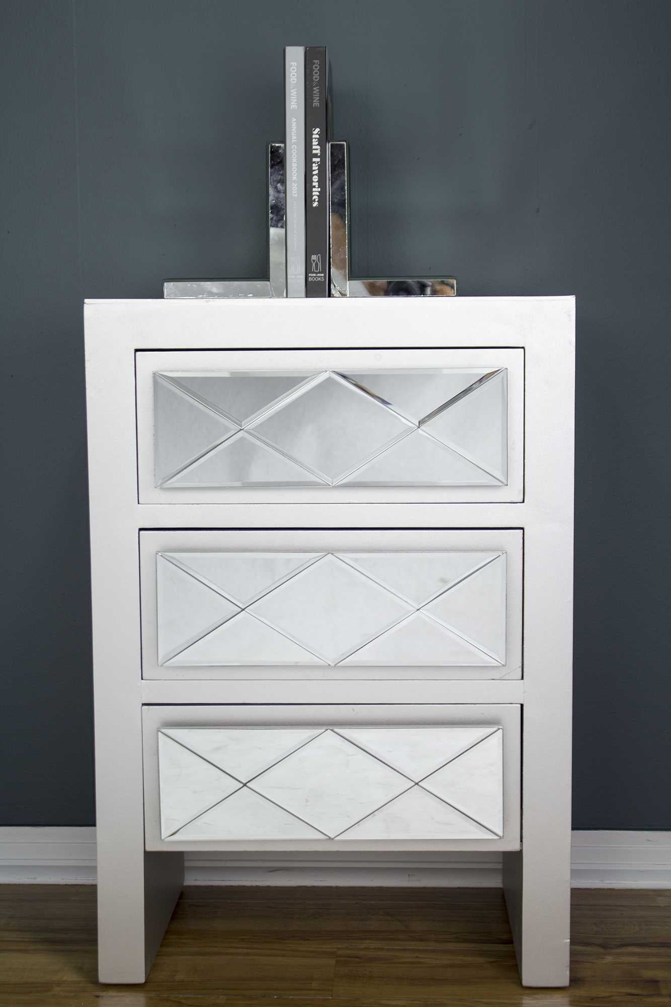 29" Silver Wood Accent Cabinet with 3 Drawers and Mirrored Glass