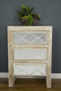 29" White Washed Wood Accent Cabinet with 3 Drawers and Mirrored Glass