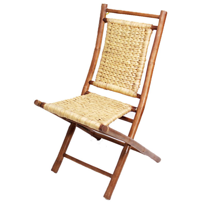 36" 2 Brown and Natural Bamboo Folding Chairs with an Arrow Hyacinth Weave