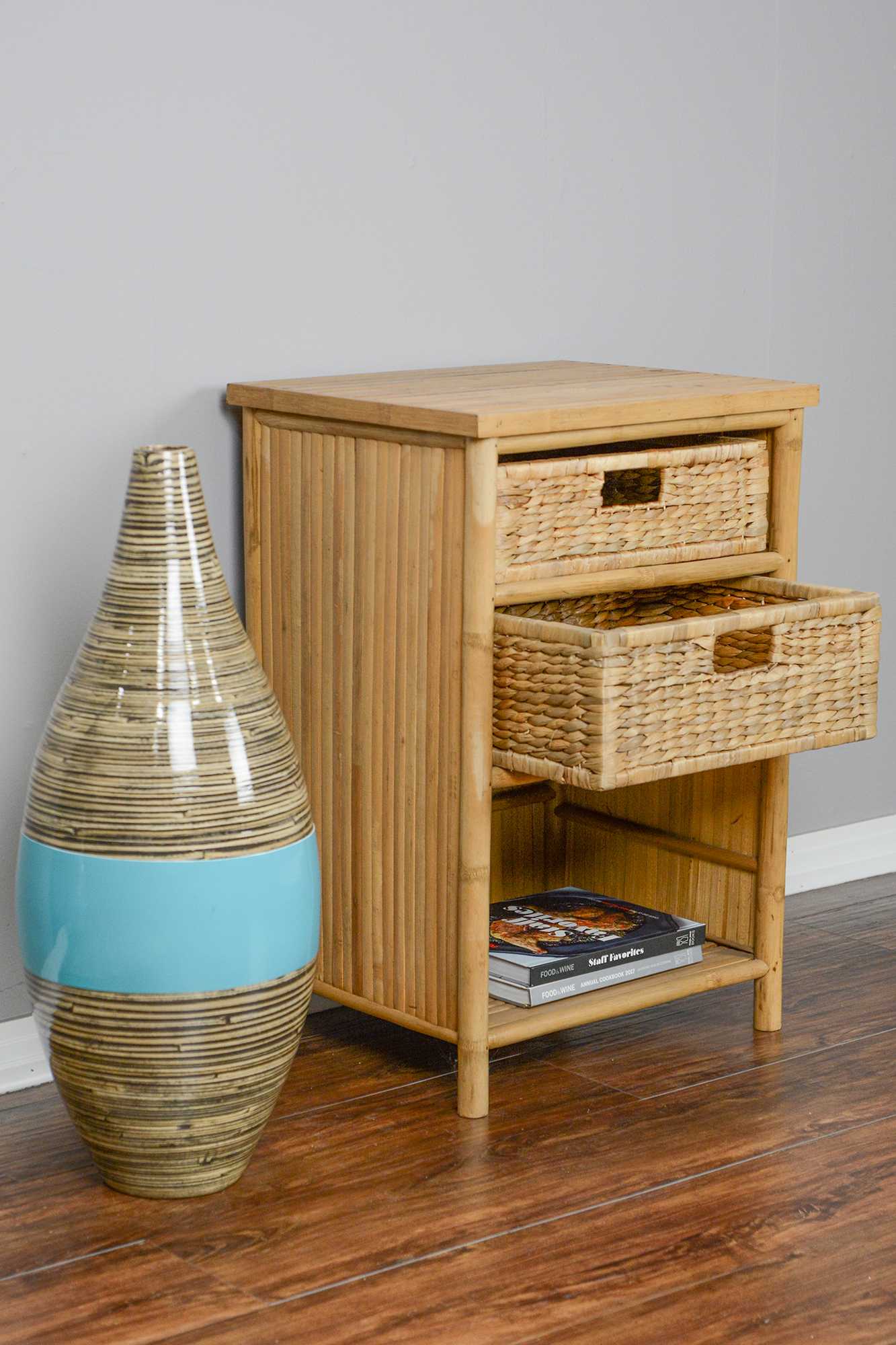 23.75" Natural Bamboo End Table with 2 baskets and a Shelf