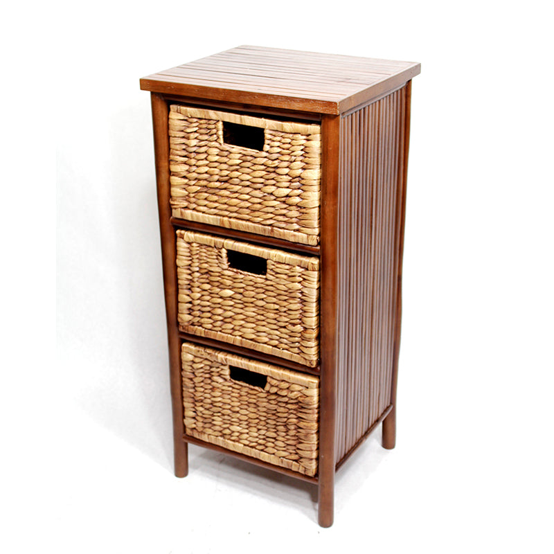 33.75" Brown Bamboo Storage Cabinet with 3 Hyacinth Baskets