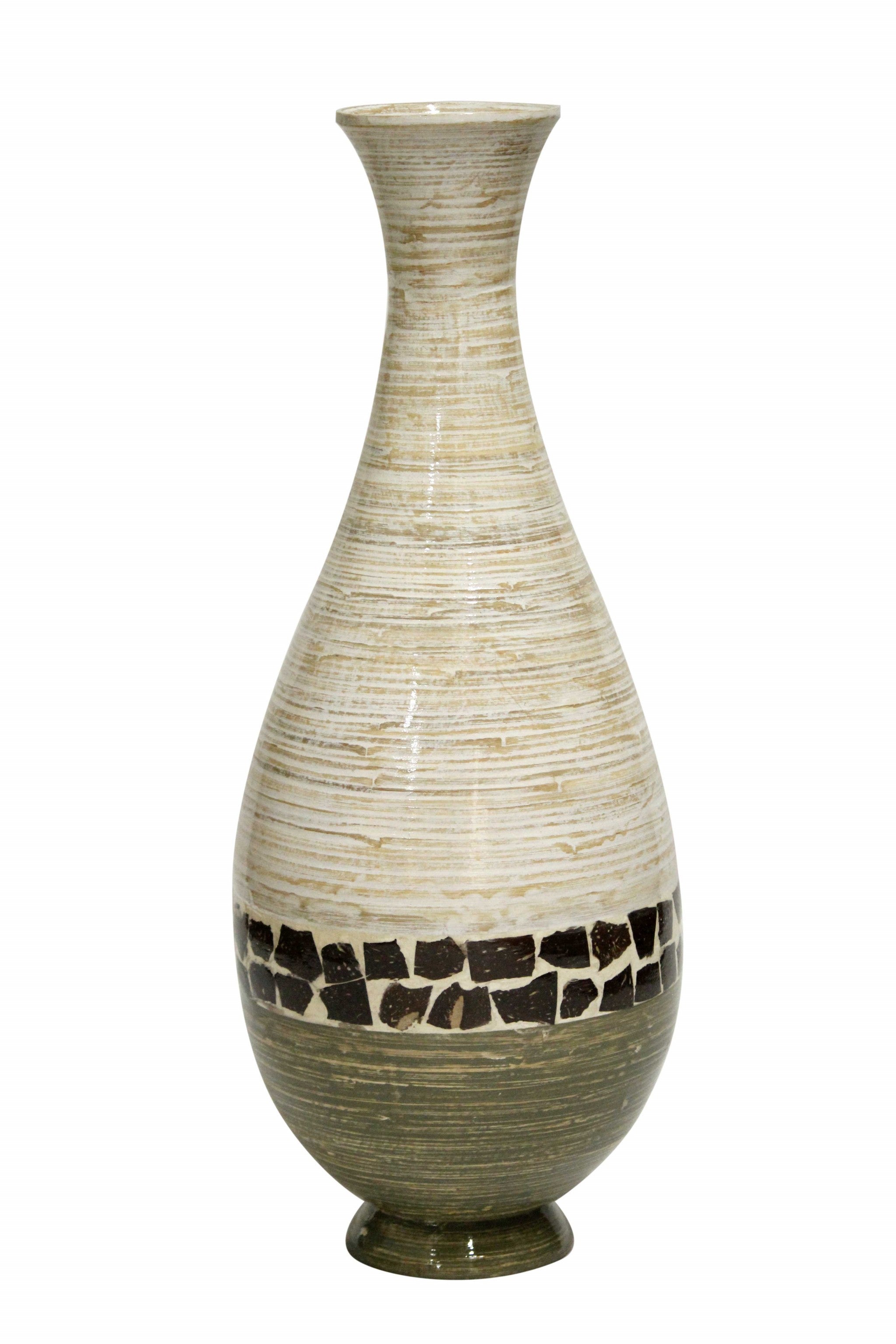 27" Spun Bamboo Floor Vase - Bamboo In Distressed White And Green W/ Coconut Shell