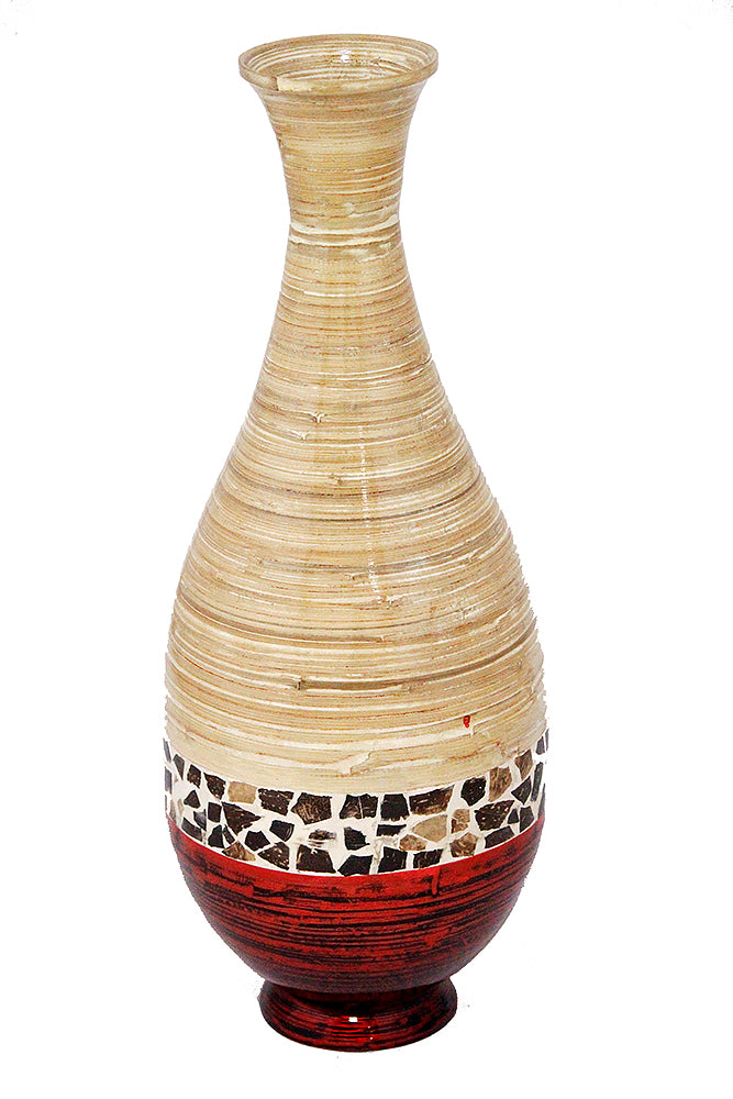 27" Spun Bamboo Floor Vase - Bamboo In Distressed White And Red W/ Coconut Shell