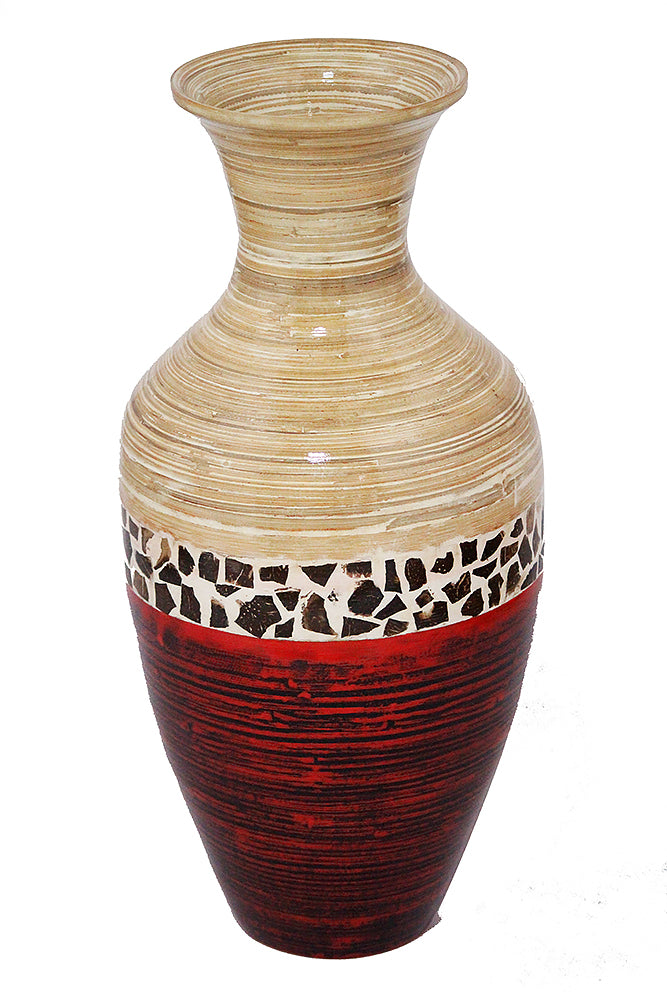 25" Spun Bamboo Floor Vase - Bamboo In Natural Bamboo And Metallic Red W/ Coconut Shell