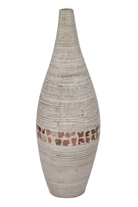 31" Spun Bamboo Floor Vase - Bamboo In Distressed White W/ Coconut Shell