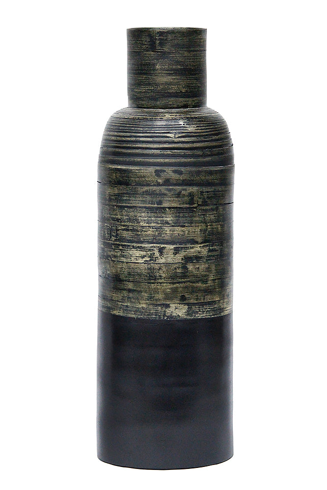 24" Spun Bamboo Bottle Vase - Bamboo In Distressed Black & Matte Black