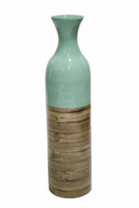 24" Spun Bamboo Bottle Vase - Blue Lacquer & Natural Bamboo