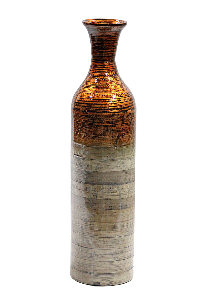 24" Spun Bamboo Bottle Vase - Metallic Orange & Natural Bamboo