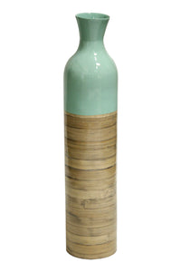 32" Spun Bamboo Bottle Vase - Bamboo In Blue Lacquer & Natural Bamboo