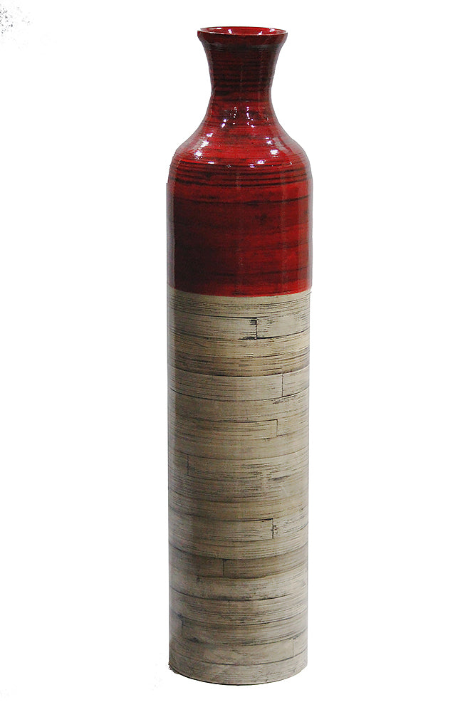 32" Spun Bamboo Bottle Vase - Bamboo In Metallic Red & Natural Bamboo