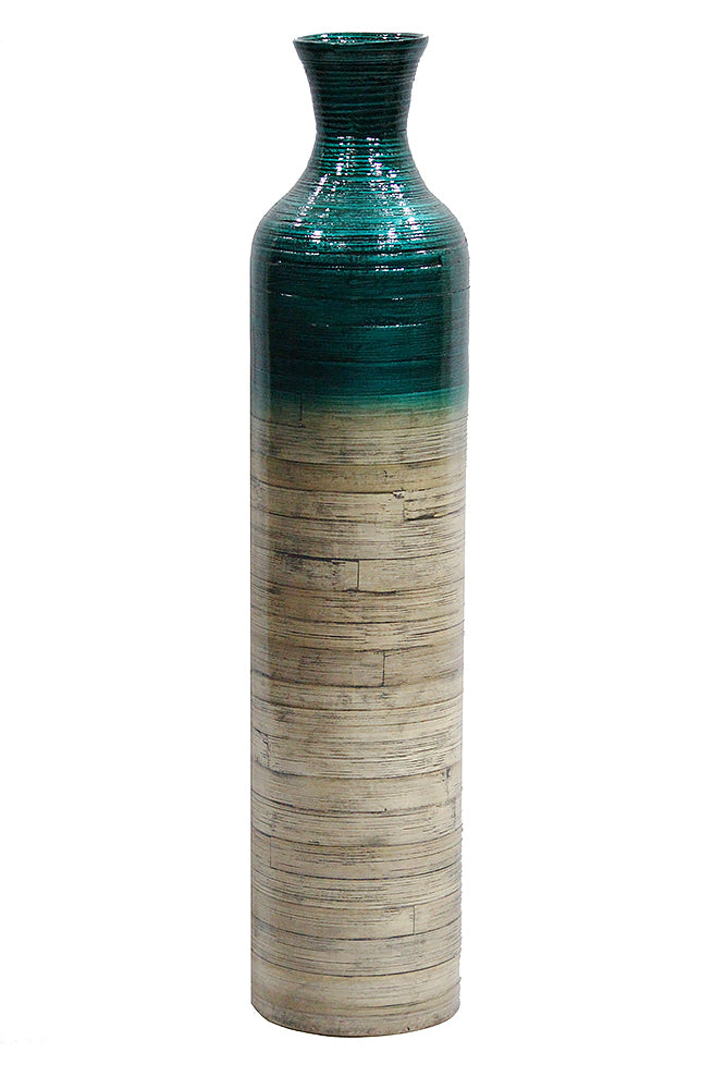 32" Spun Bamboo Bottle Vase - Bamboo In Metallic Teal & Natural Bamboo