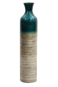 32" Spun Bamboo Bottle Vase - Bamboo In Metallic Teal & Natural Bamboo