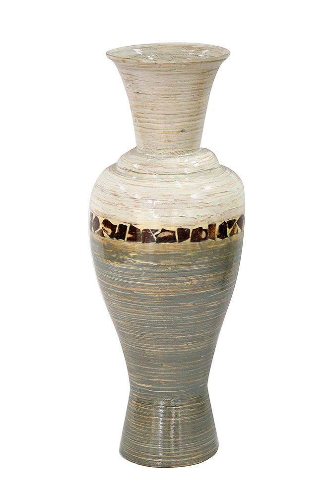 23" Spun Bamboo Vase - Bamboo In White And Gray W/ Coconut Shell