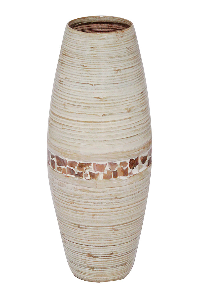 24" Spun Bamboo Vase - Bamboo In Distressed White W/ Coconut Shell