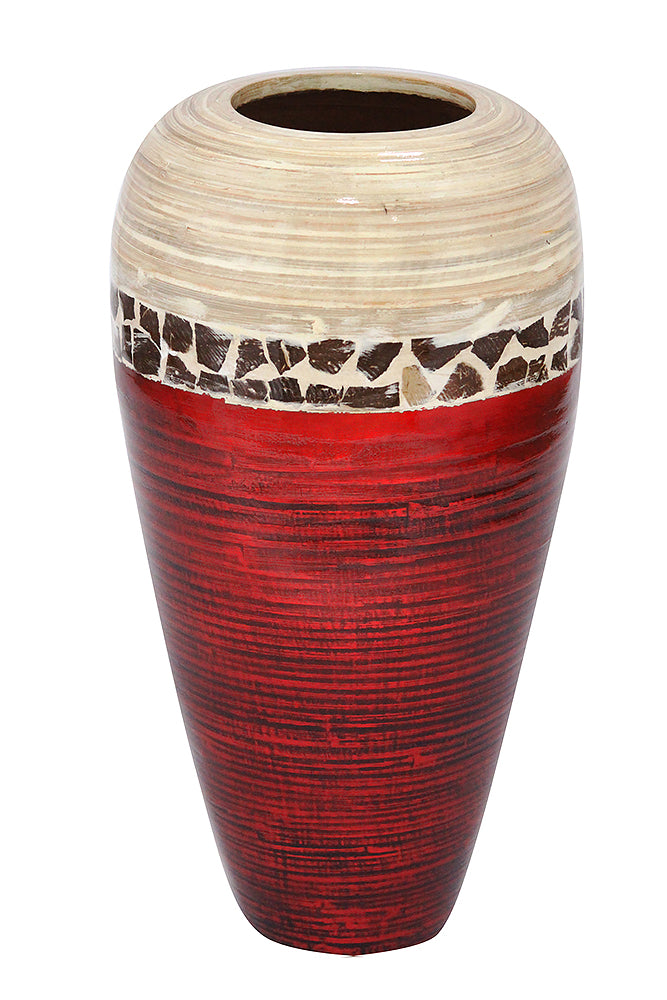 19" Spun Bamboo Vase - Bamboo In Natural Bamboo And Metallic Red W/ Coconut Shell