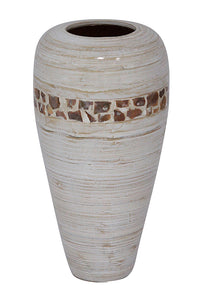 19" Spun Bamboo Vase - Bamboo In Distressed White W/ Coconut Shell