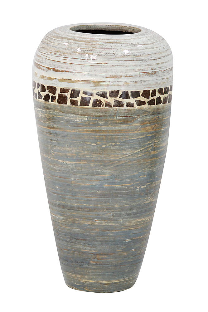 19" Spun Bamboo Vase - Bamboo In White And Gray W/ Coconut Shell