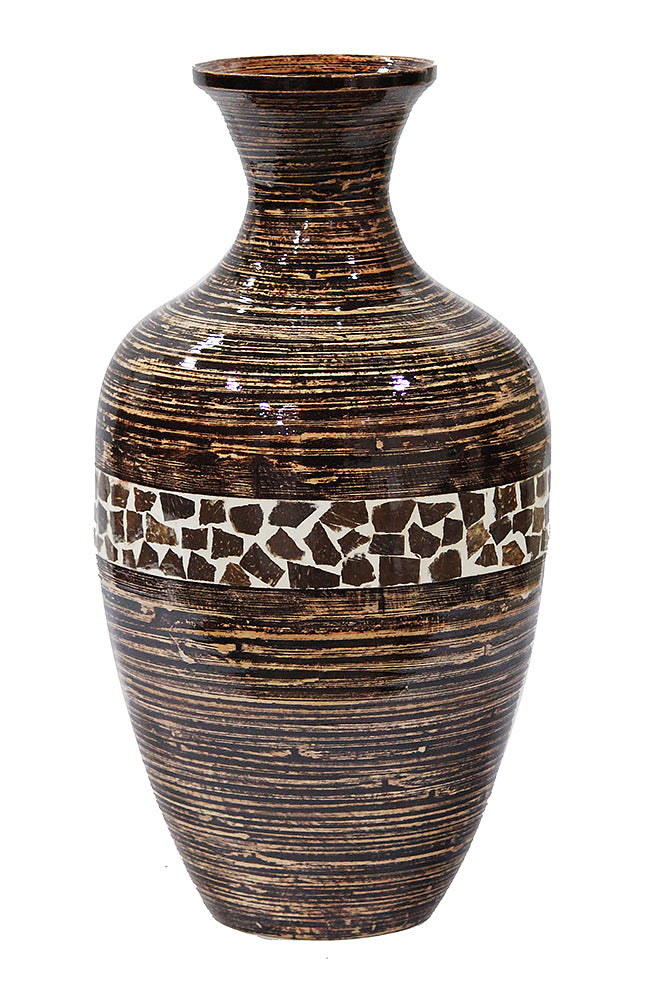 20" Spun Bamboo Vase - Bamboo In Distressed Brown W/ Brown Coconut Shell