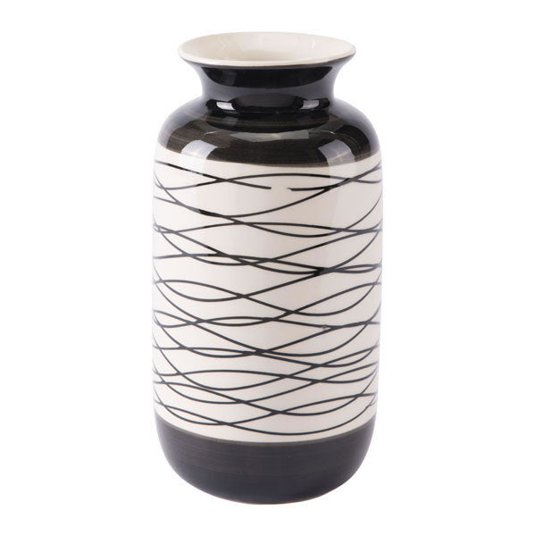 5.1" X 5.1" X 9.8" Short Black And Ivory Stripes Vase