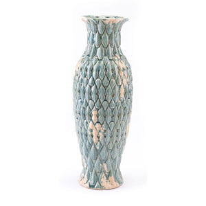 6.3" X 6.3" X 17.3" Distressed Blue Ceramic Vase With Jewel-Like Shapes