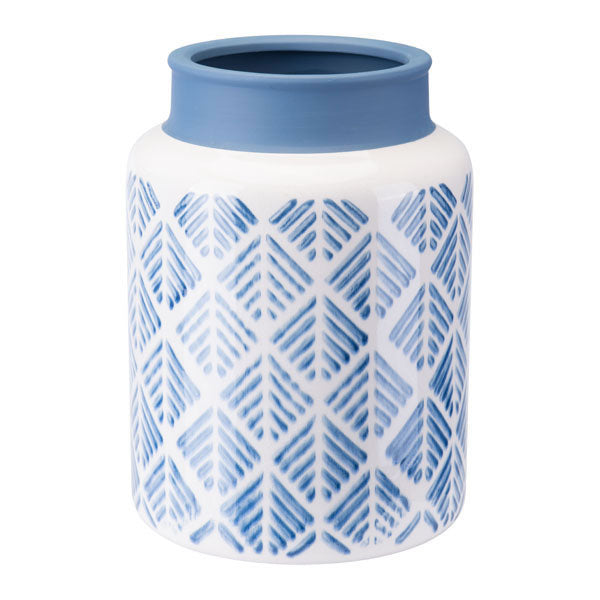 6.9" X 6.9" X 9.6" Blue And White Steel Zig Zag Vase