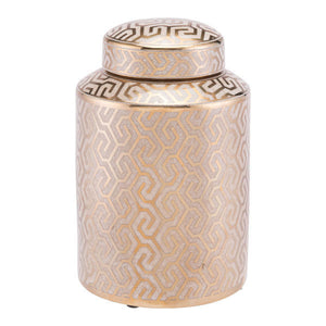 7.7" X 7.7" X 11.8" Gold And White Ceramic Covered Jar