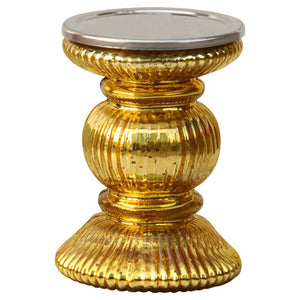 Handmade Gold Pillar Shaped Candle Holder In Ribbed Glass