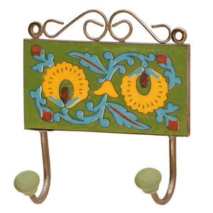 Ceramic Double Wall Hooks Hand Painted Multicolored Floral & Leaf Motifs