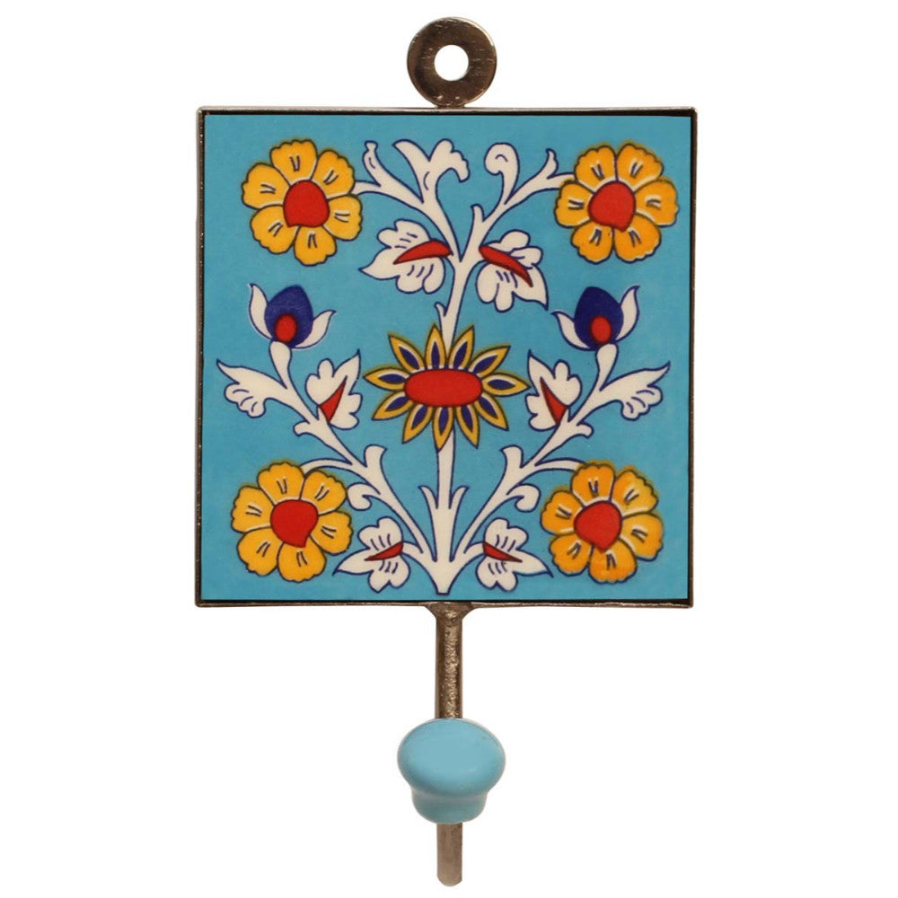 Ceramic And Iron Wall-Hook With Hand Painted Multicolored Floral Motifs