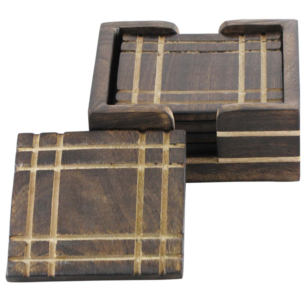 Handmade Criss Cross Design Set of 4 Square Drink Coasters With Holder