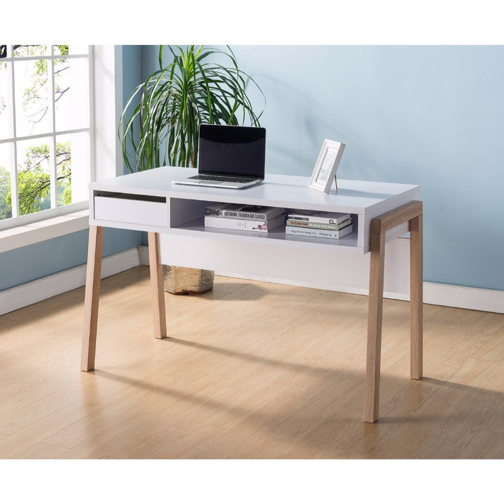 Contemporary Style Desk With Open Storage Shelf, White and Brown