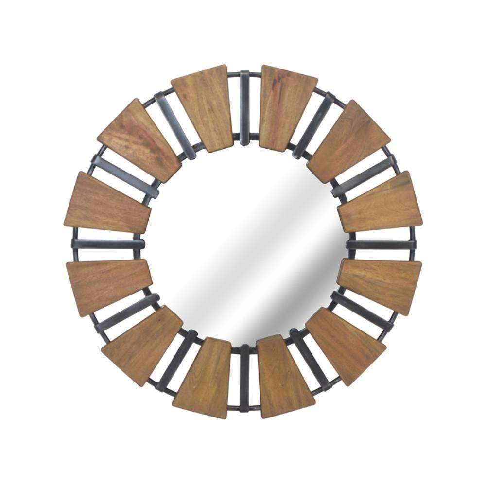 Contemporary Style Wood Mirror With Metal Accents, Brown