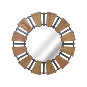 Contemporary Style Wood Mirror With Metal Accents, Brown