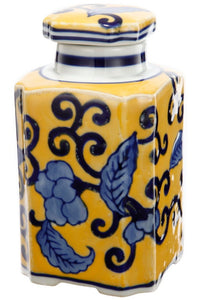 Floral Designed Yellow Jar with Lid