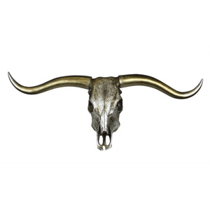 Antique Bull Skull Wall Decor With Sharp Horns, Silver