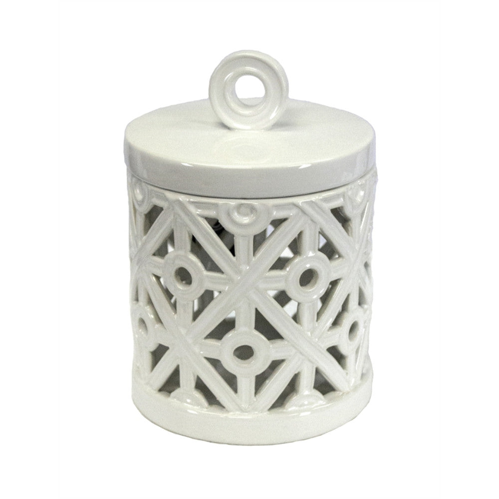 Decorative Ceramic Canister With Ring Handle, White