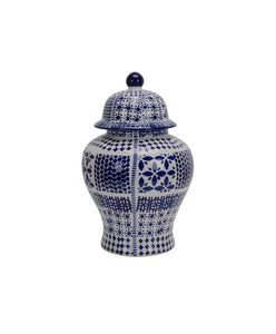 Ceramic Traditional Temple Lidded Jar in White and Blue finish