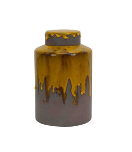 Dripping Ceramic Covered Jar, Yellow And Gray