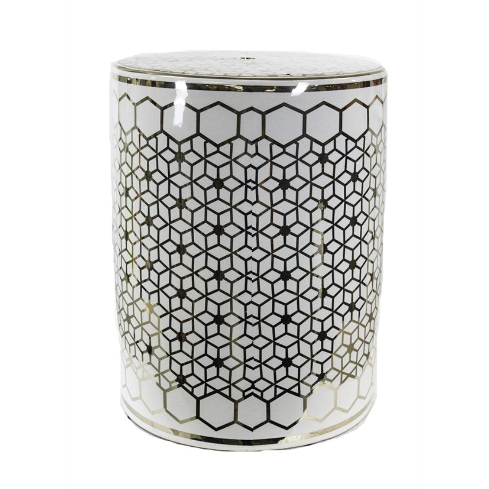 Mosaic Designed Cylindrical Ceramic Garden Stool, Gold And White