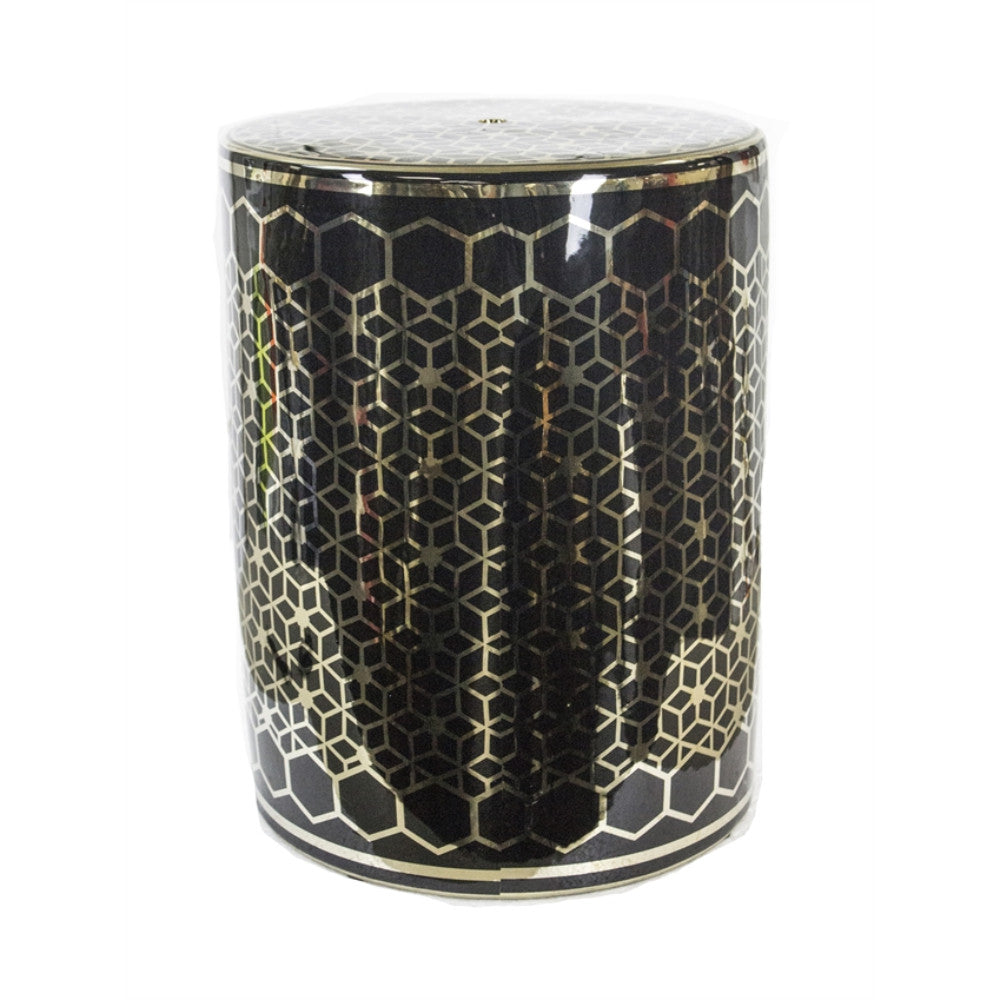 Remarkable Cylindrical Ceramic Garden Stool, Gold And Black