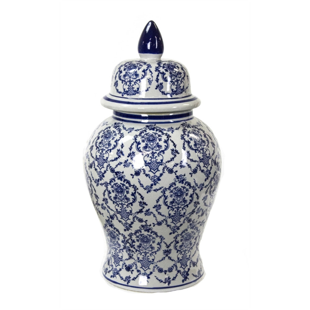 Floral Blue And White Ceramic Temple Jar