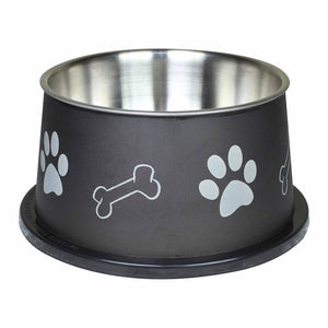 Paw and Bone Design Stainless Steel Pet Bowl For Long Ear Dog, Black and Silver