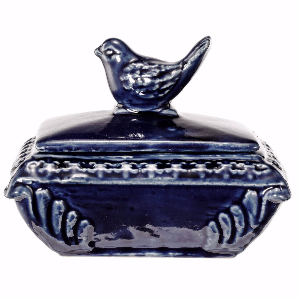 Blue Ceramic decorative Box with Bird Finial