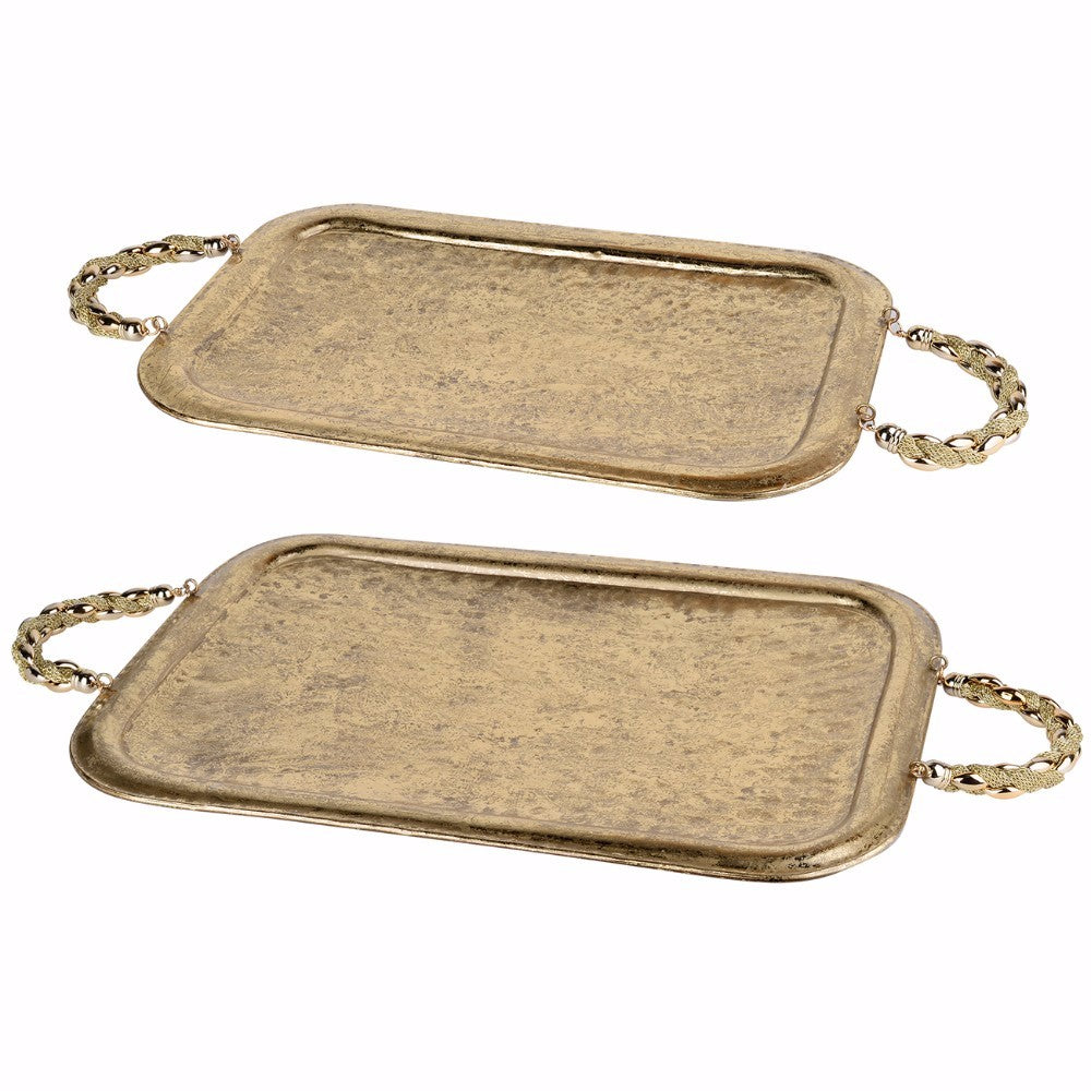 Set of 2 Rectangular Golden Metal Trays