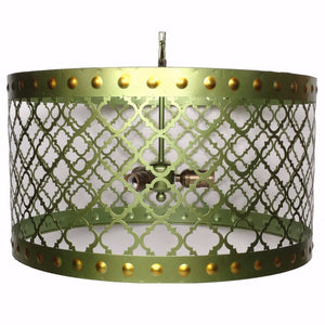 Elegant Drum Shaped Metal Chandelier With Bulb Holders, Green