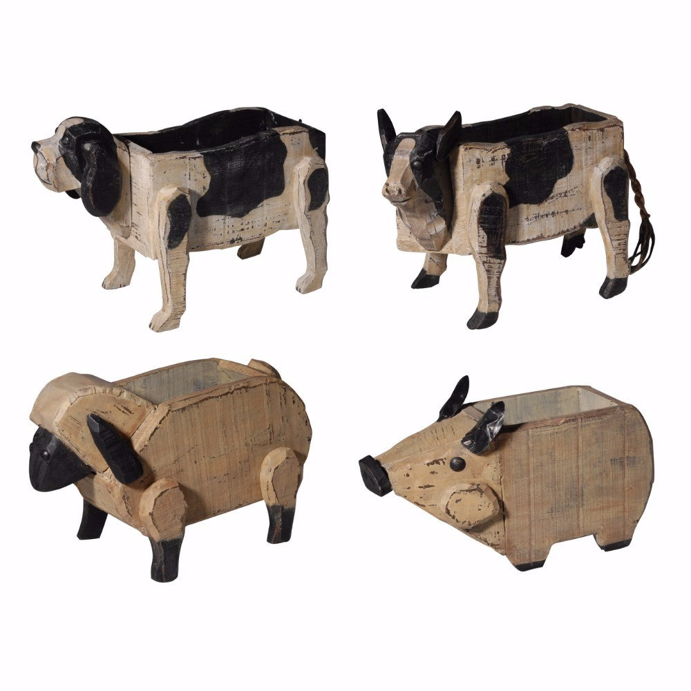 Chic Poplar Wood Barnyard Animal Planters, Set of 4, Black and Brown